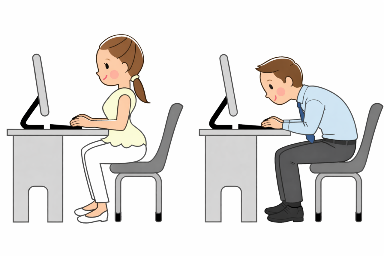 デスクワーク時の猫背と反り腰の姿勢の比較イラスト